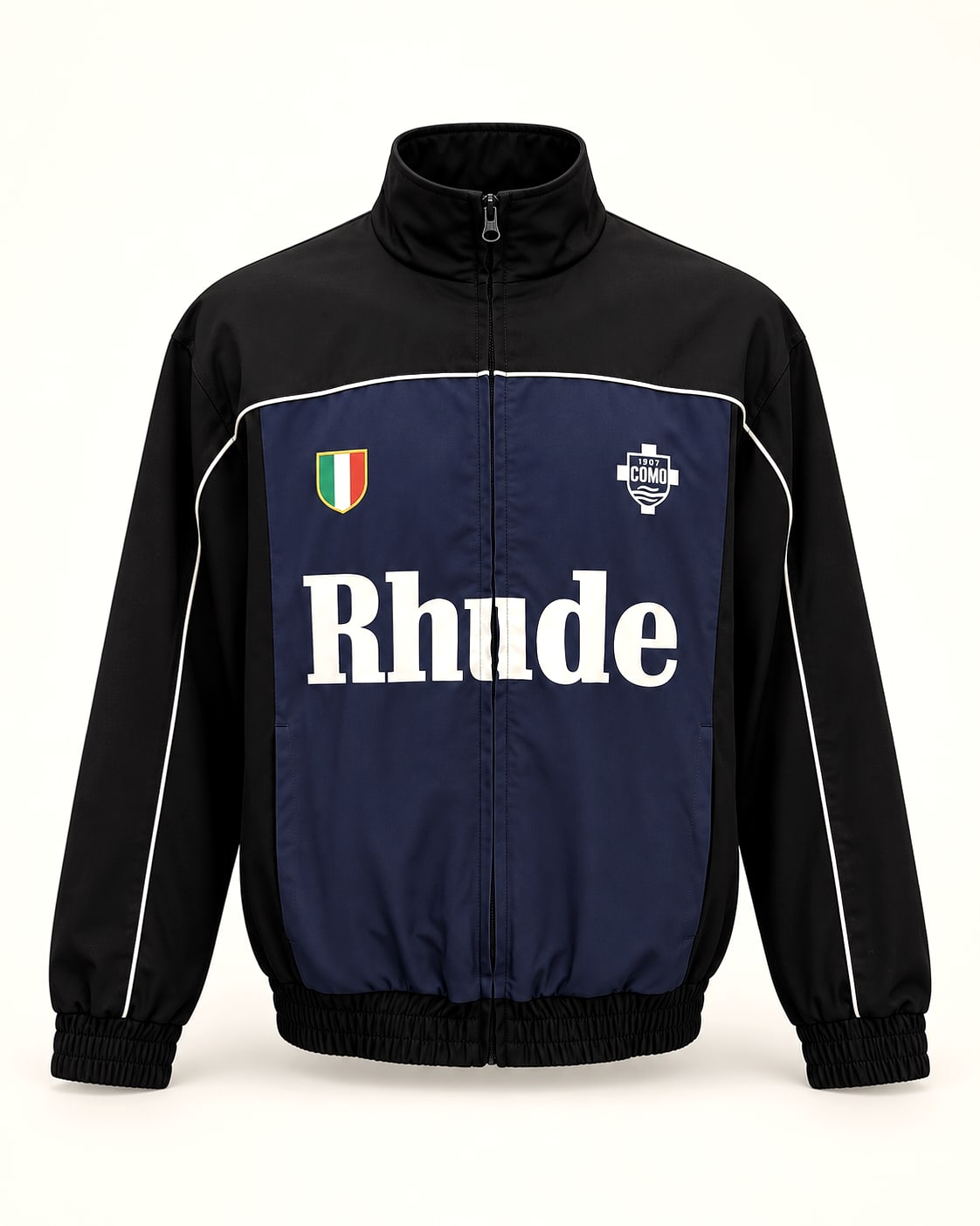 Front view of the navy track jacket on a clean background