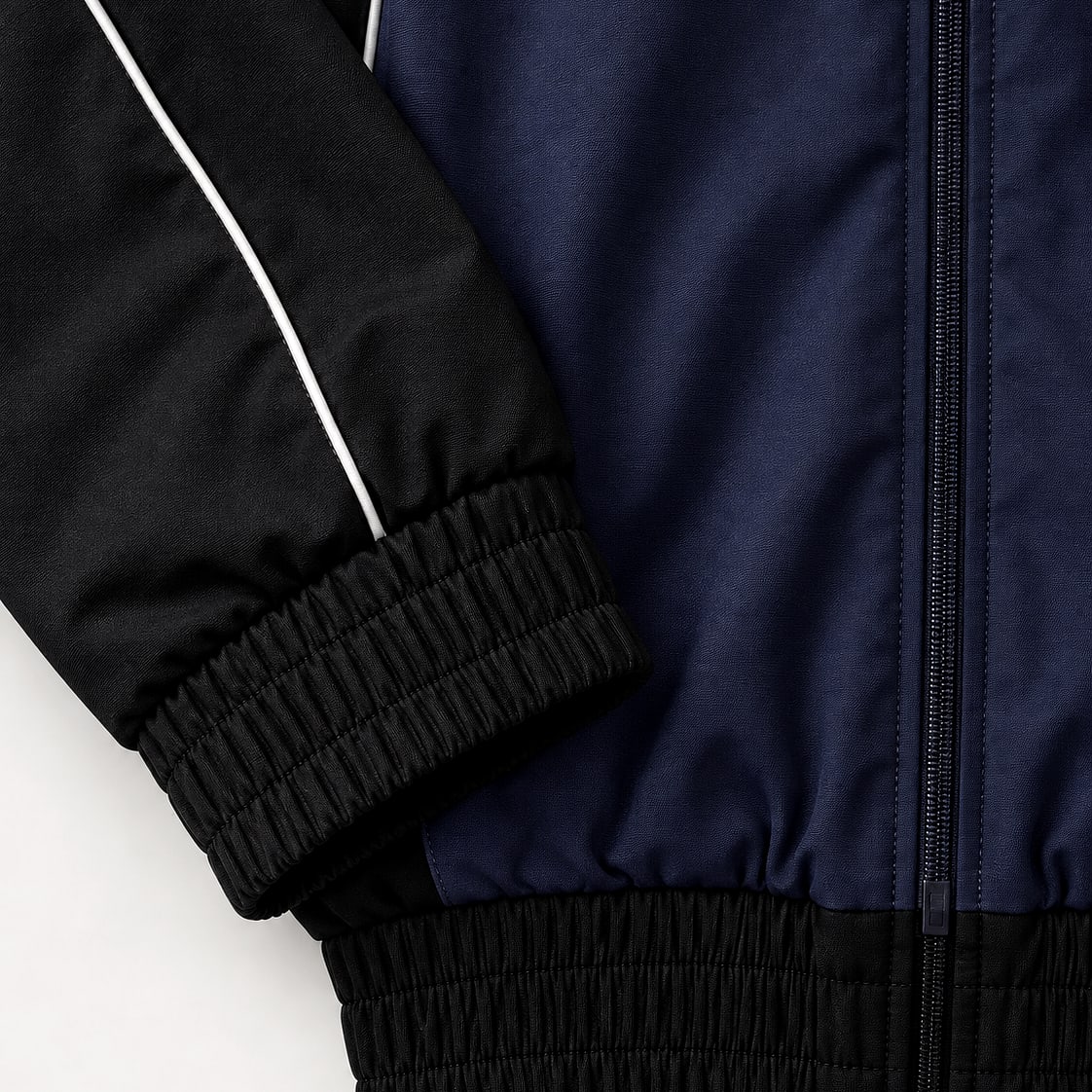 Close-up of a navy track jacket showing a rib cuff, piped hem and metal zip